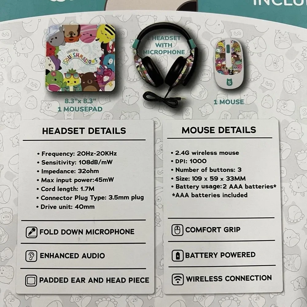 Squishmallows Headsets with Microphone, Wireless Mouse And mouse pad Tech Bundle